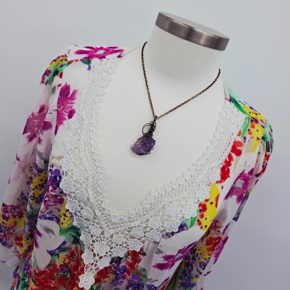 Mushka Sienna Rose Floral Crochet Tunic Sheer V-Neck Blouse M Petite Boho Artsy - Picture 7 of 15